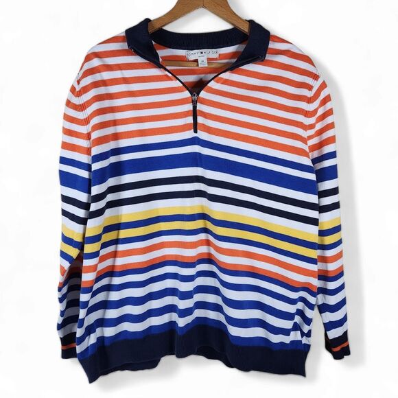 Vintage Tommy Hilfiger Mockneck Zip Sweater Wmn's 3X Orange Yellow Striped Y2K - Picture 1 of 10